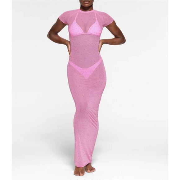 SKIMS TAFFY/PINK MESH RHINESTONE SWIM COVER UP/LONG DRESS/MAXI | NEW/NWT | XS 🩷 - Picture 1 of 6